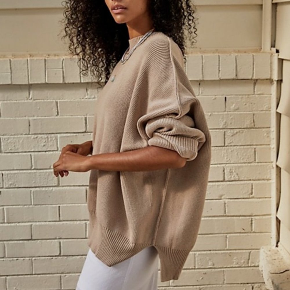 Free People Oversized Scoop Neck Sweater in Taupe